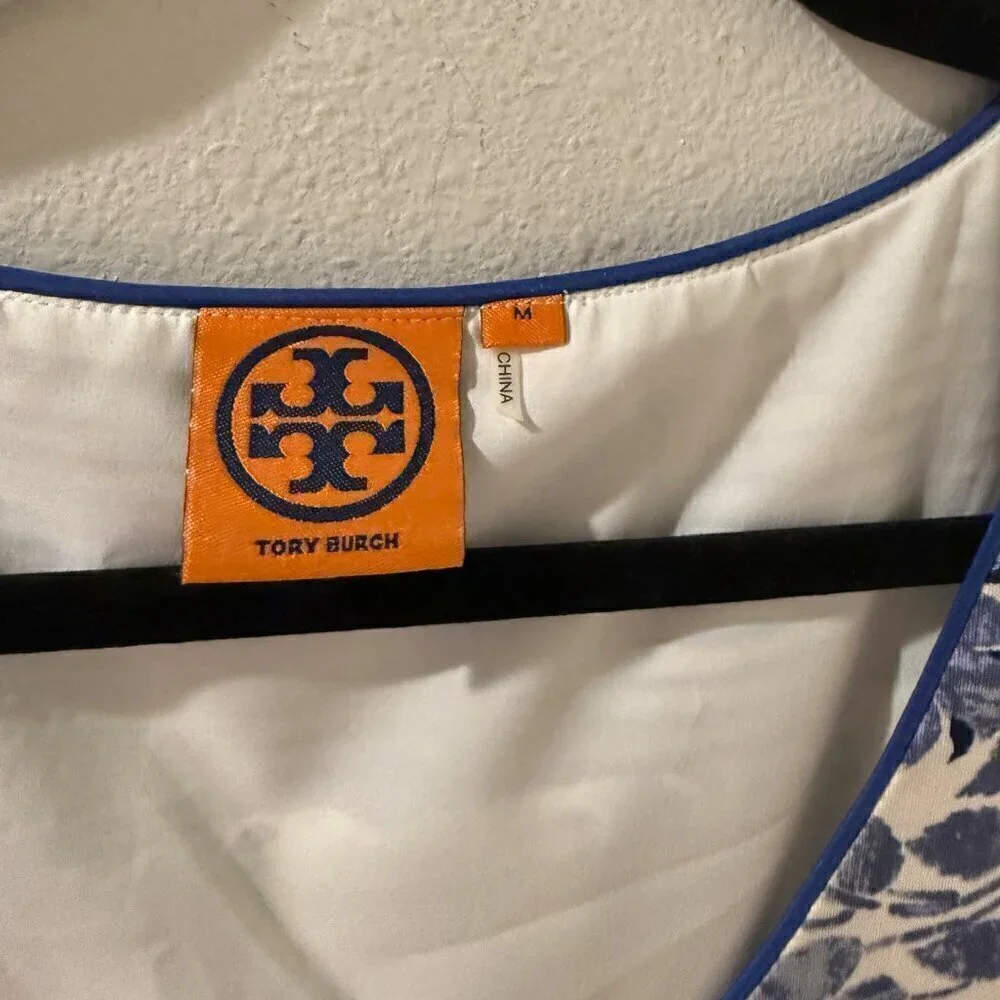 Tory Burch Women's Blue/White Silk Knee Length‎ Sleeveless Dress - Size M Medium
